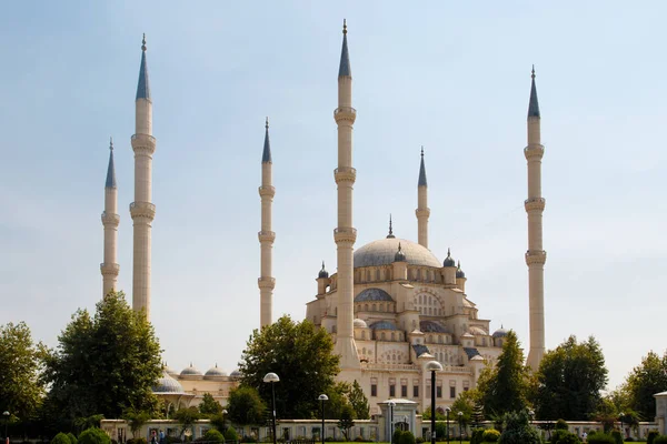 Exterior Front View Adana Sabanci Mosque Six Minarets Bright Blue — Stock Photo, Image