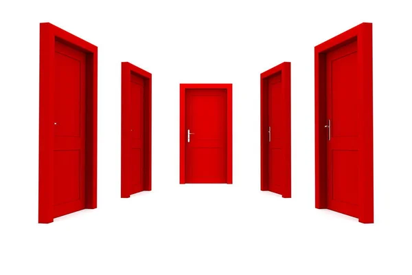 Abstrakcyjny Korytarz Pięcioma Czerwonymi Zamkniętymi Drzwiami — Zdjęcie stockowe