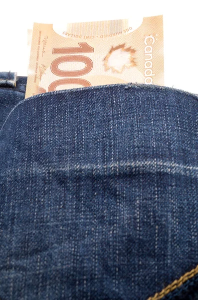 Cem Notas Dólares Canadenses Bolso Jeans Traseiro — Fotografia de Stock