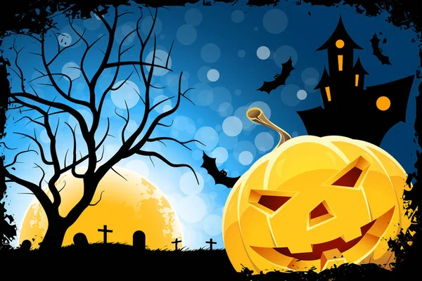 Grungy Halloween Bakgrund Med Månen Pumpa Och Hemsökta Hus — Stockfoto