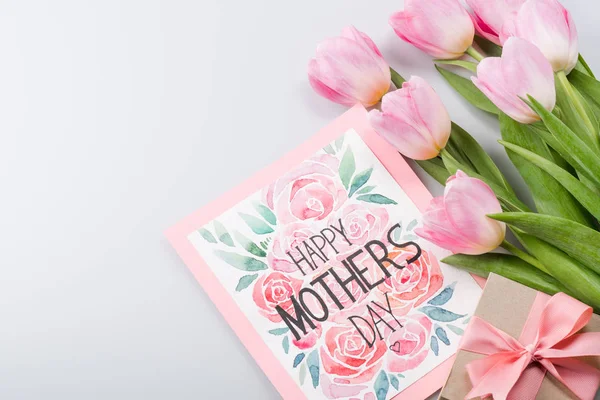 Piękne Różowe Tulipany Pocztówka Dzień Matki Happy Prezent — Zdjęcie stockowe