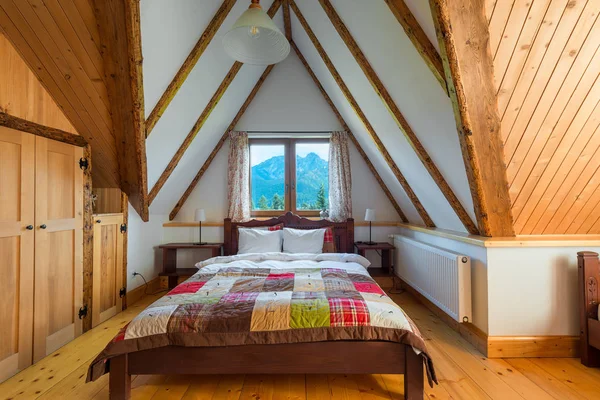 Bedroom Interior Wooden House Beautiful View Window Mountains — Stock Photo, Image