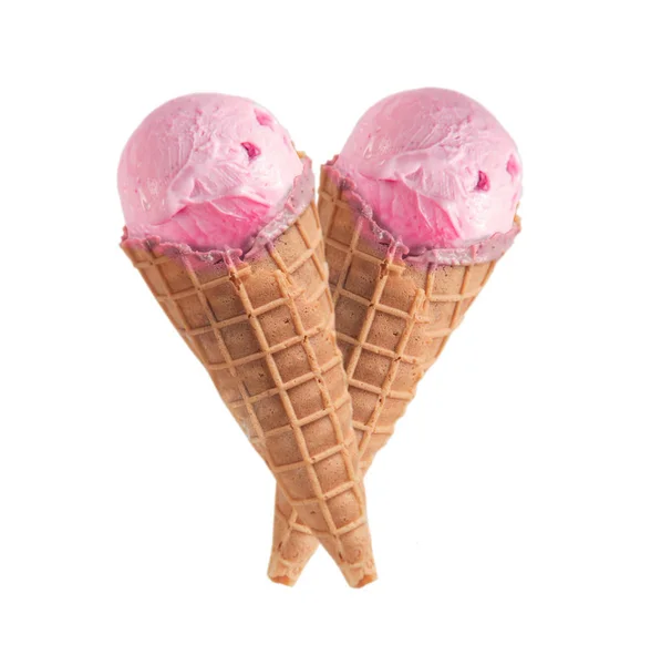 Два Клубничных Рожка Мороженого Форме Сердца — стоковое фото