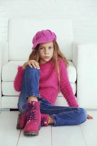 Cute Pre Teen Girl Wearing Fashion Winter Clothes Posing White — Stock Photo, Image
