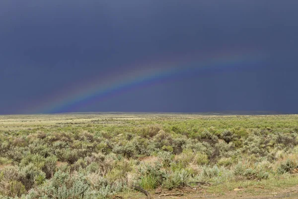 Rainbow in storm darkened, blue skies of Wyoming at McCullough Peaks Horse Management Area near Cody.