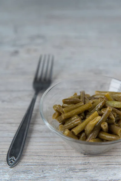 Placa Los Frijoles Verdes Preparados Tenedor — Foto de Stock