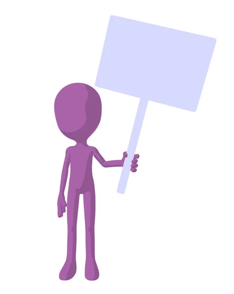 可爱的紫色剪影的家伙拿着一个空白的标志在白色背景 — 图库照片