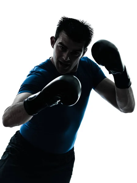 Jeden Muž Cvičím Boxerboxem Trénink Siluetě Ateliéru Izolovaný Bílém Pozadí — Stock fotografie