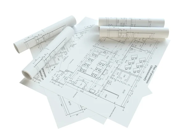 Rolled House Blueprints Isolé Sur Fond Blanc Illustration — Photo