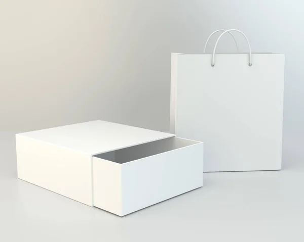 Blankoschachtel Und Einkaufstasche Auf Grauem Boden Darstellung — Stockfoto