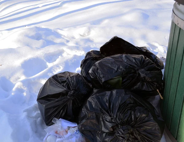 Fekete Szemeteszsákok Hóban Mellett Szeméttároló Télen — Stock Fotó