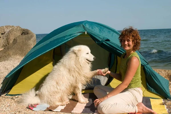 Girl and dog near of a tent at sea coast