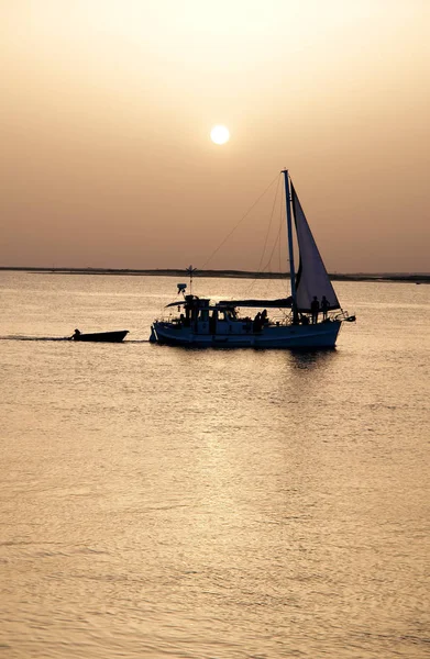 Barca Diporto Tramonto Ria Formosa Regione Conservazione Naturale Algarve Portogallo — Foto Stock