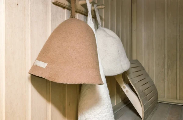 Interior Small Finnish Sauna Wooden Walls Wall Hang Hats Made — Stock Photo, Image