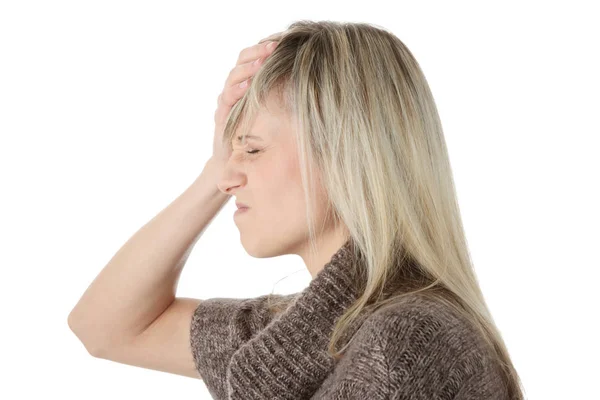 Wanita Dengan Sakit Kepala Memegang Tangannya Kepala Terisolasi Atas Putih — Stok Foto