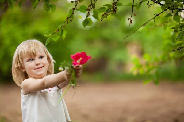 Heureuse Petite Fille Avec Tulipe Extérieur Dans Journée Ensoleillée — Photo