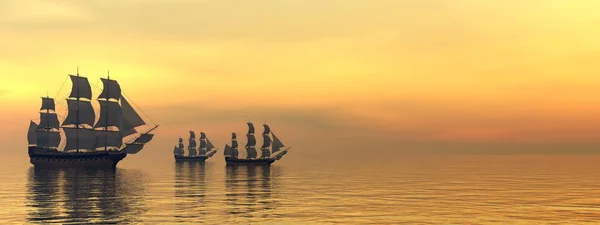 三个漂亮的老商人船漂浮在平静的水面上的夕阳的光辉 — 图库照片