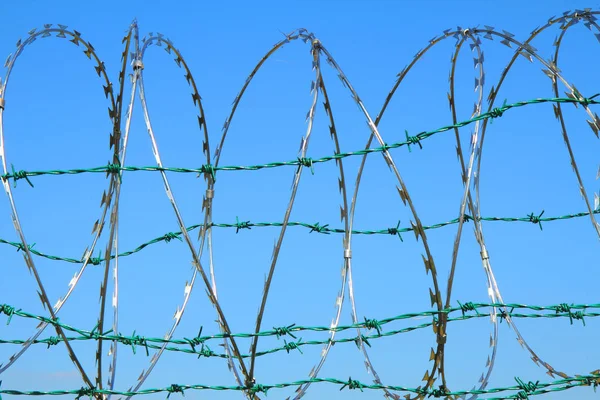 Filo Spinato Contro Cielo Blu Come Sfondo Bello Esercito — Foto Stock