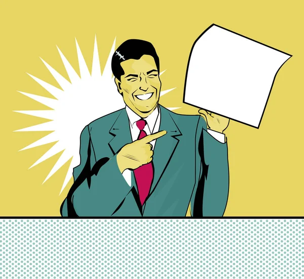 Happy Advertising Man Sheet Paper Hand Pop Art Comic Style — Stock Photo, Image