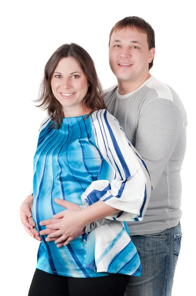 Tournage Beau Couple Femme Enceinte Isolée Sur Blanc — Photo