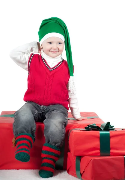 Tiro Niño Navidad Con Regalos Aislados Blanco —  Fotos de Stock