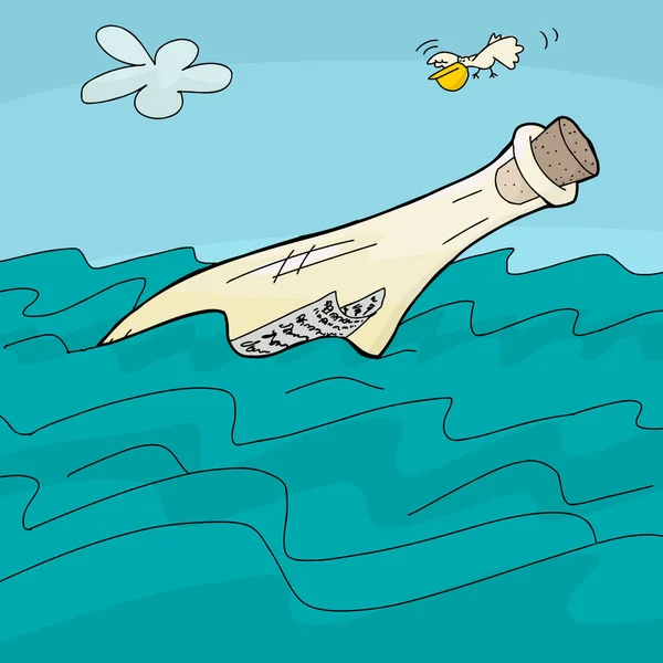 Mensagem Dos Desenhos Animados Uma Garrafa Flutuando Ondas — Fotografia de Stock