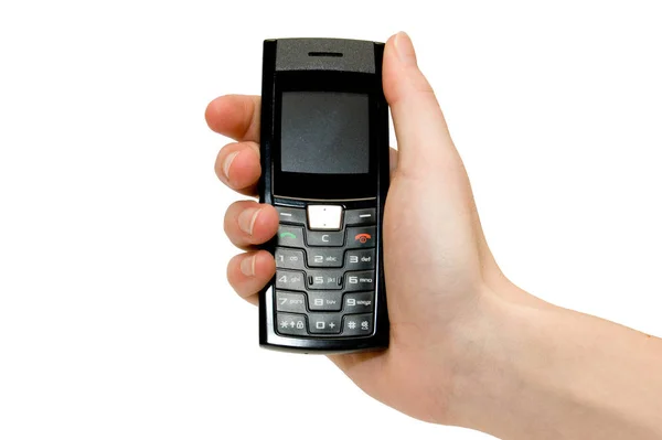 Eine Hand Zeigt Ein Mobiltelefon Mit Weißem Hintergrund — Stockfoto