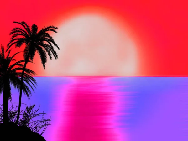 Miami 70S Style Red Dusk Sunset Sunrise Tree Silhouette Illustration — Stock Photo, Image