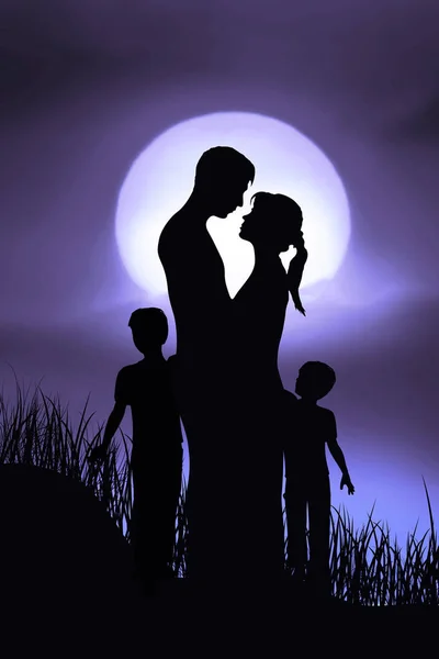 Paar Mit Kindern Silhouetten Lila Himmel Mit Mond — Stockfoto