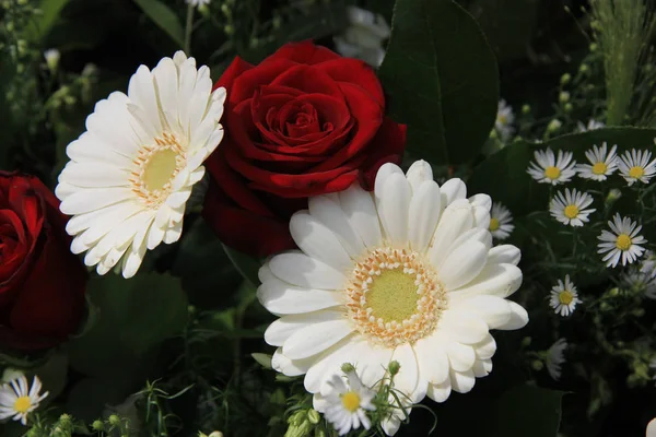 Gérberas Brancas Rosas Vermelhas Arranjo Flores — Fotografia de Stock