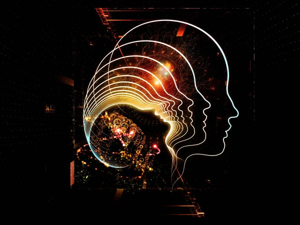 人間の頭は 技術と人工知能 コンピュータ サイエンス技術と将来の件名上のフラクタルの要素のアウトラインの組成 — ストック写真