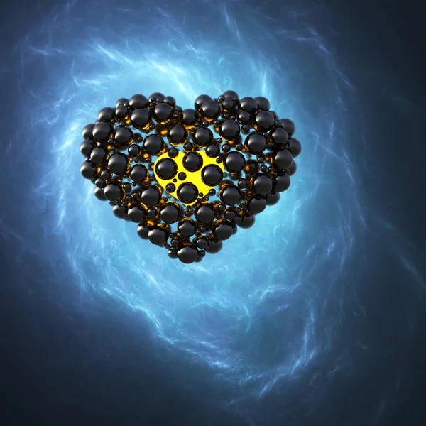 Černé Kaviárové Srdce Vyrobené Koulí Odrazem Izolovanými Modrém Vesmírním Prostoru — Stock fotografie