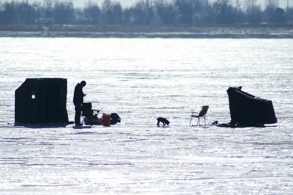 Man ice fishing with his dog standing next to hut