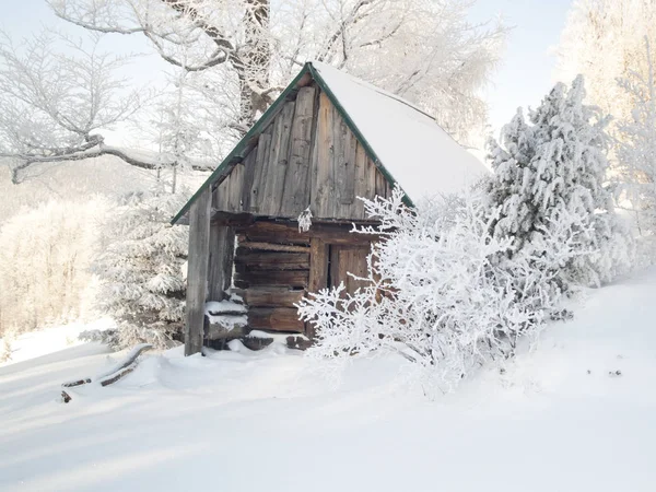 Gammal Trä Liten Stuga Snö Vintertid — Stockfoto