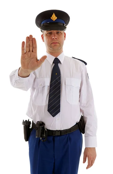 Голландский Офицер Полиции Делает Знак Стоп Белом Фоне — стоковое фото