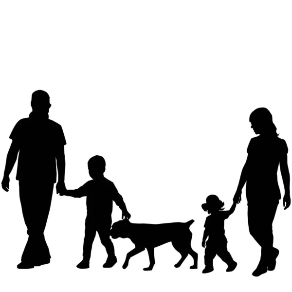 Silhouette Familiari Con Due Bambini Cane — Foto Stock