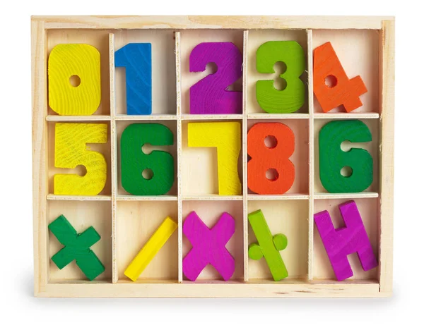 Bir Kutu Içinde Oyuncak Matematiksel Ahşap Figürler — Stok fotoğraf