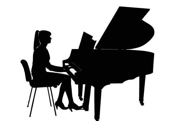 Silhueta Uma Menina Tocando Piano Fundo Branco — Fotografia de Stock