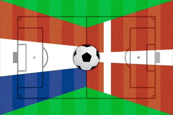 サッカーフィールドレイアウト上のオランダとデンマークの旗 — ストック写真