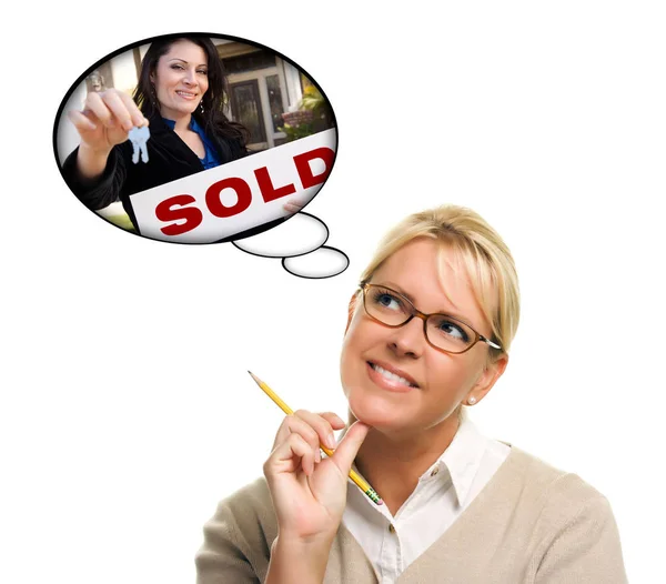 Beautiful Woman Thought Bubbles Real Estate Agent Handing Keys New — Stok Foto