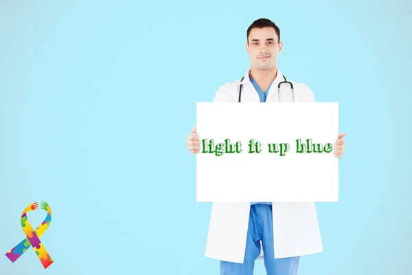 Palabra Enciende Azul Retrato Médico Sosteniendo Panel Blanco Sobre Fondo —  Fotos de Stock