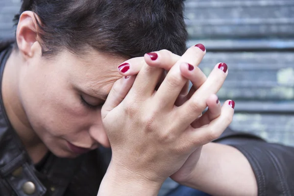 Depressed Young Woman Her Face Pressed His Hands His Head — Stock Photo, Image