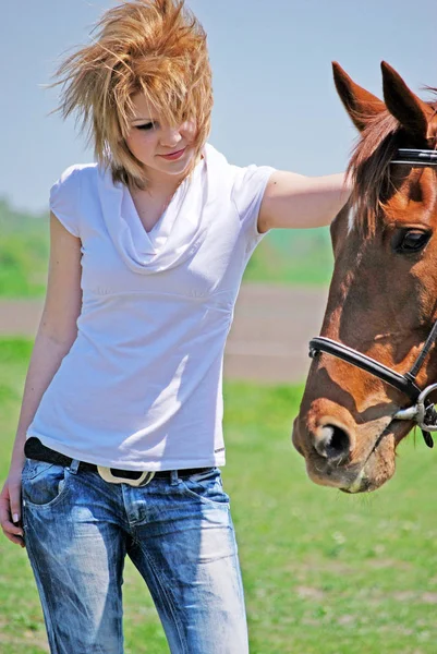 Mladá Atraktivní Žena Koni Hnědý Kůň — Stock fotografie