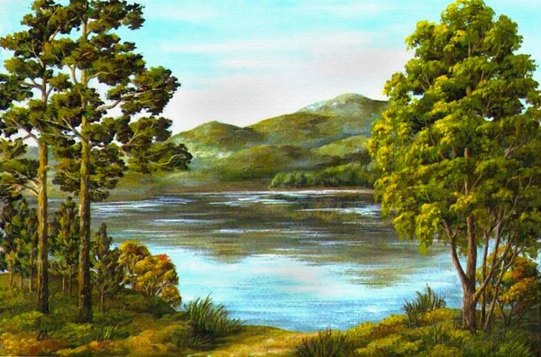 Obraz Farba Olejna Płótnie Jesień Górskie Jezioro — Zdjęcie stockowe