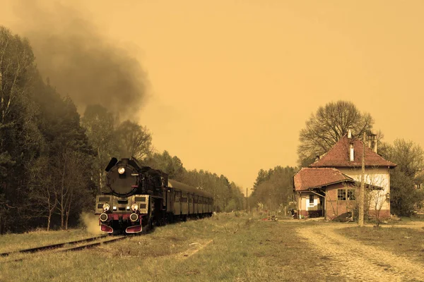 从小站出发的蒸汽机车 — 图库照片
