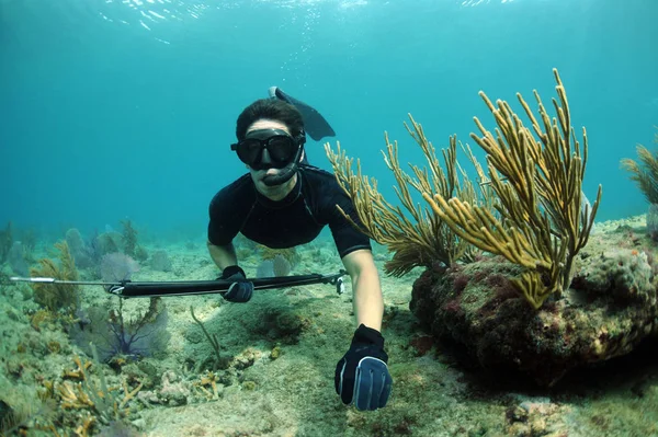 Άνθρωπος Ψαροντούφεκο Κάτω Από Υποβρύχιο Καλάμι Και Κοράλλια Στο Παρασκήνιο — Φωτογραφία Αρχείου