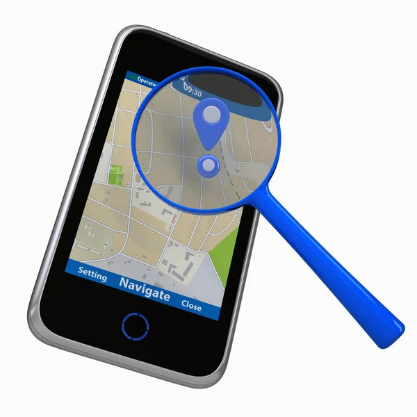 Smartphone Con Mappa Navigazione Lente Ingrandimento Rendering Isolato Sfondo Bianco — Foto Stock