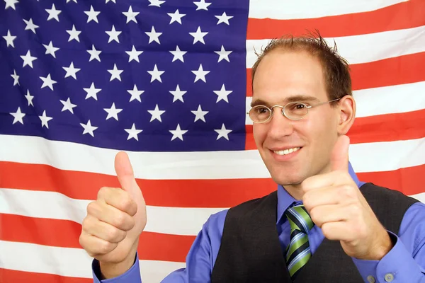 Jovem Empresário Júbilo Frente Bandeira Dos Estados Unidos América — Fotografia de Stock