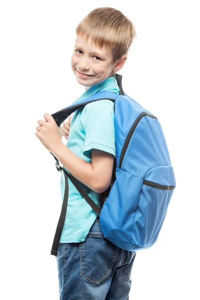 Niño Con Mochila Listo Para Escuela Retrato Aislado Sobre Fondo — Foto de Stock