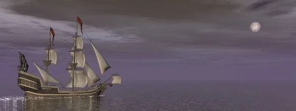 Navio Pirata Flutuando Oceano Cercado Pela Noite Com Lua Cheia — Fotografia de Stock